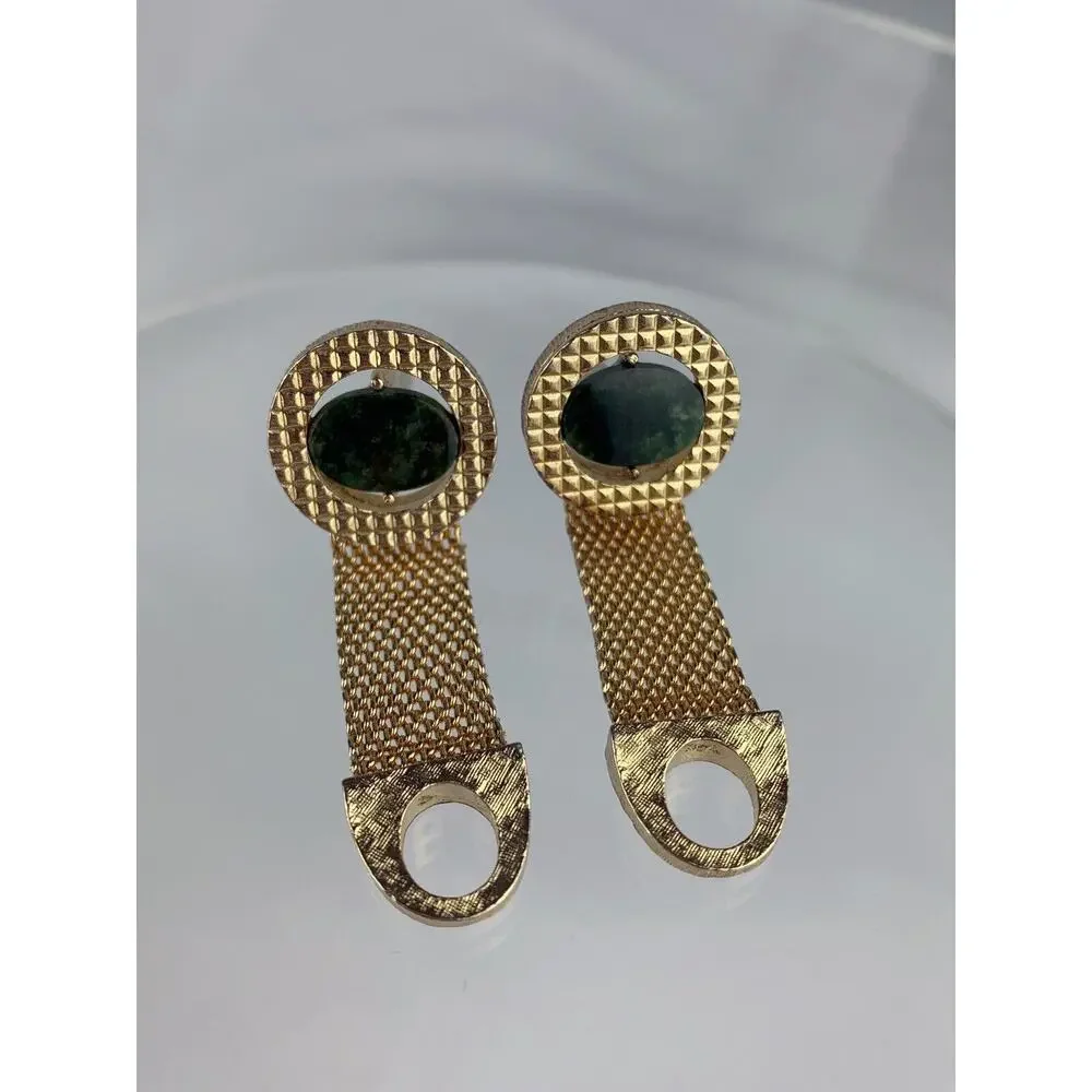 Green Jade Mesh Wrap Gold Tone Cufflinks Quilted Diamond Plate Round Vintage N1